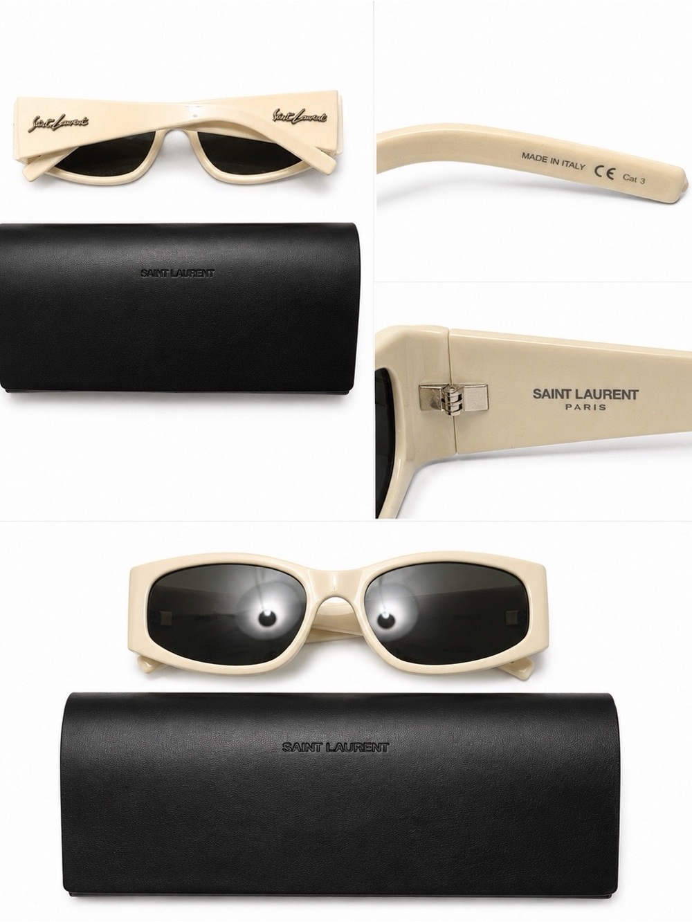 Saint Laurent Cream Rectangular Logo-Temple Sunglasses